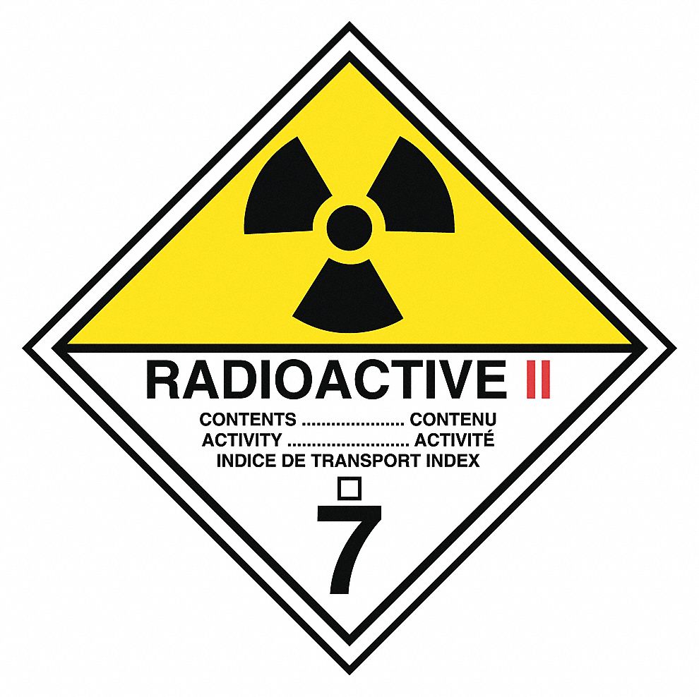 TDG LABEL, CLASS 7.2, BLACK/YELLOW/RED/WHITE, 4 X 4 IN, VINYL, RL 500