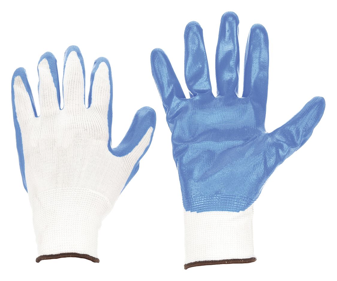 Coated Gloves: 2XL ( 11 ), Smooth, Nitrile, Palm, Dipped, ANSI Abrasion Level 4, White, 1 PR