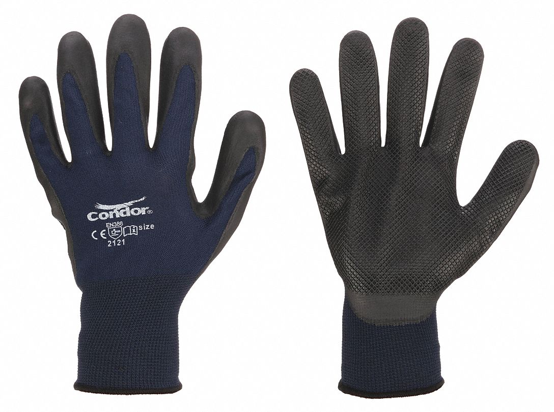 Coated Gloves: 2XL ( 11 ), Rough, Nitrile, Palm, Dipped, ANSI Abrasion Level 4, Blue, 1 PR