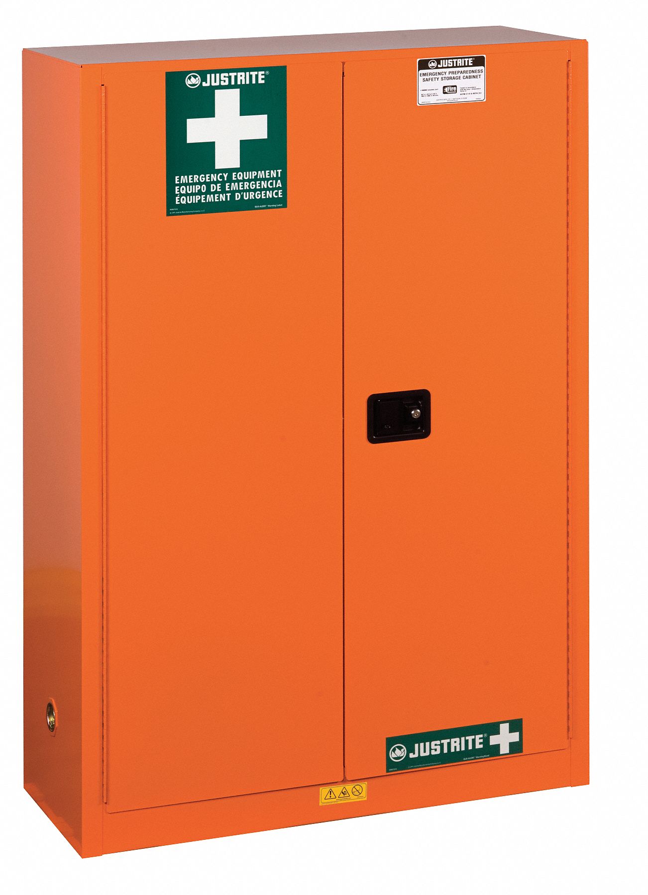 EMERGENCY PREPAREDNESS CABINET, 45 GALLON, 43X18X65 IN, ORANGE, MANUAL CLOSE, 4 SHELVES