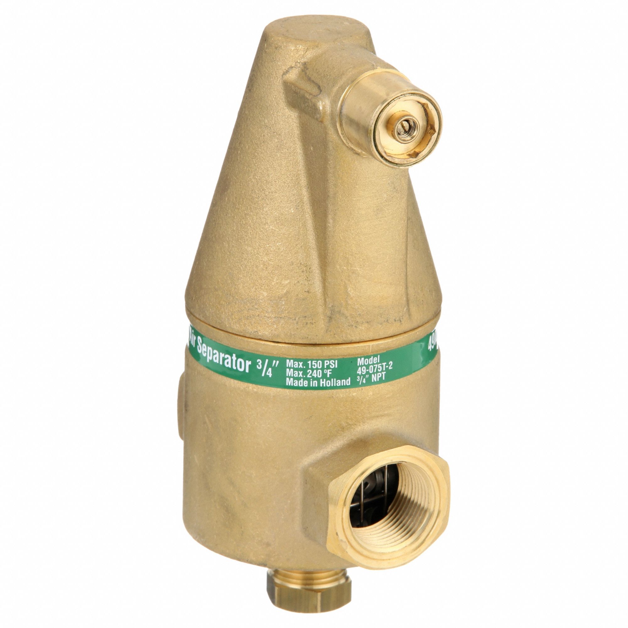 Air Separator: Brass Body, For Water/Glycol, 3/4 in Female NPT, Vertical, 150 psi Max., 240°F Max.