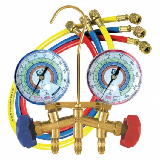 JB INDUSTRIES Manifold Gauge: Manifold Gauge, 2 Valves,  R-407C/R-422D/R-438A, 3 Hoses