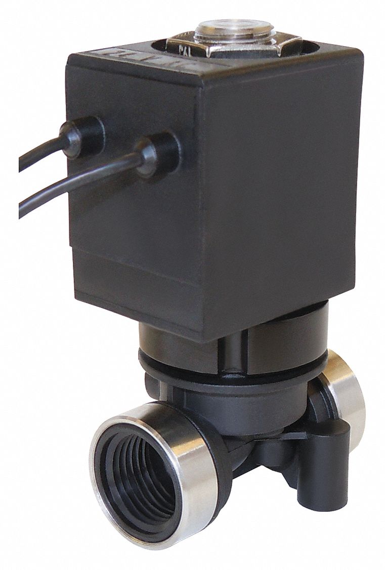 Solenoid Valve: 1/4 in Pipe Size, 0 psi Min. Op Pressure Differential, 120V AC, Glass-Filled Nylon