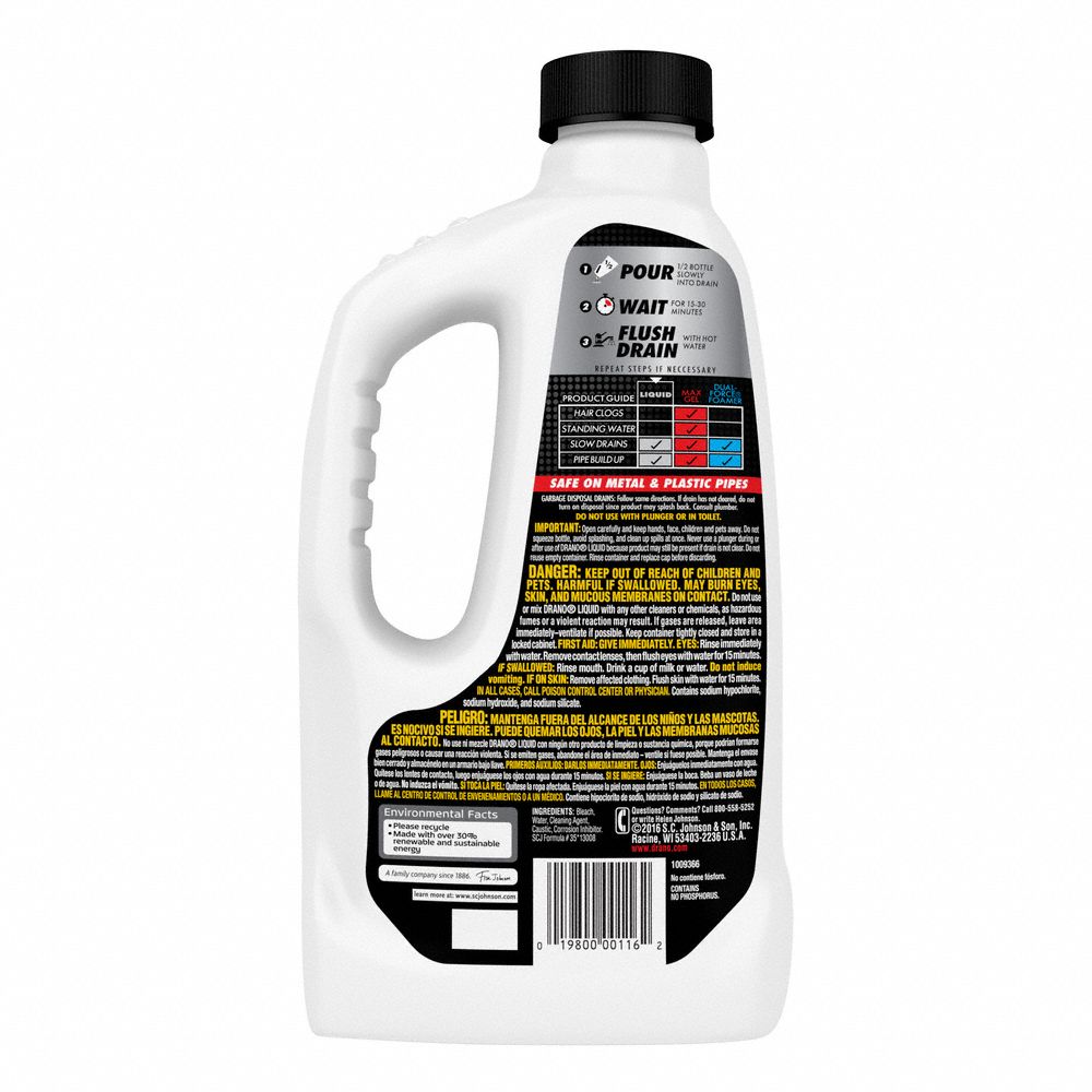 DRANO Drain Opener, 32 oz Jug, Unscented Liquid, Ready to Use, 12 PK