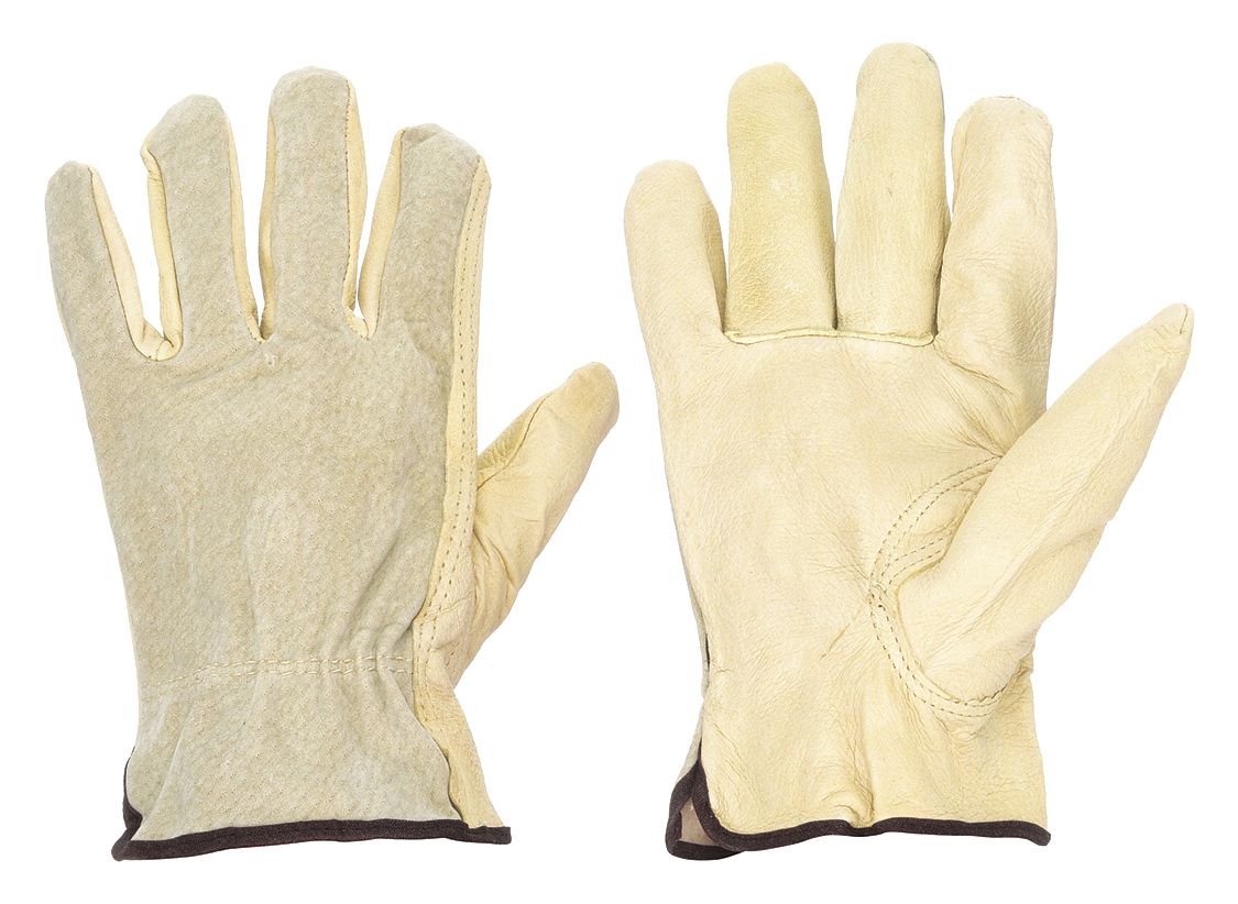 Leather Gloves: L ( 9 ), Pigskin, Std, Glove, Full Finger, Shirred Slip-On Cuff, 1 PR