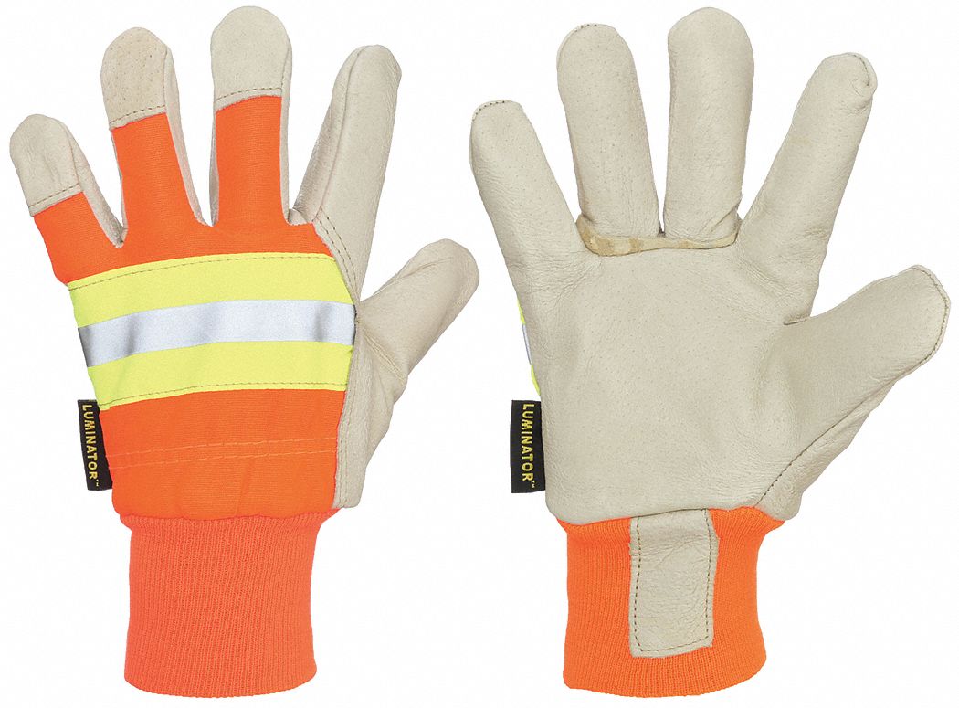 Leather Gloves: L ( 9 ), Std, Drivers Glove, Pigskin, Wing Thumb, Knit Cuff, Orange, 1 PR