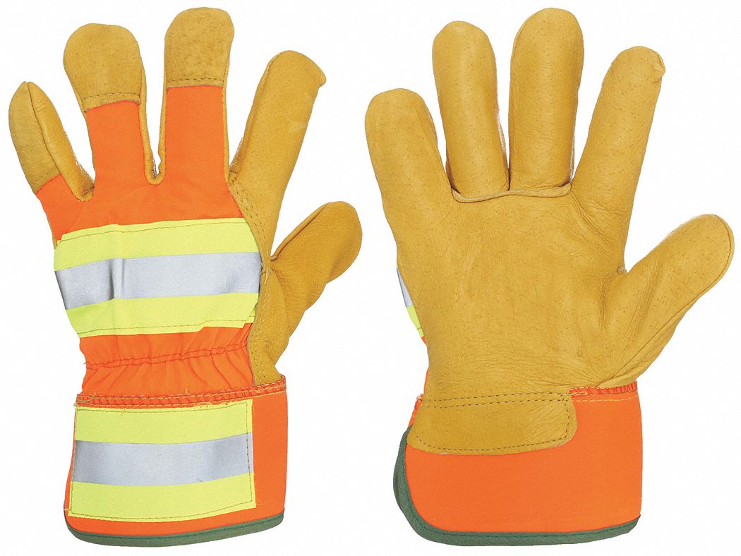 Leather Gloves: L ( 9 ), Std, Work Glove, Pigskin, Wing Thumb, Safety Cuff, Orange, 1 PR