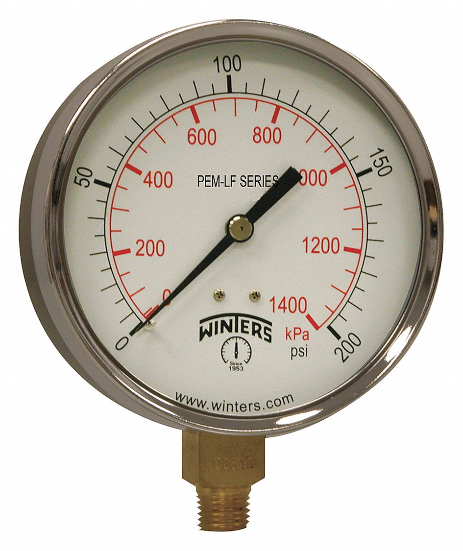 WINTERS Pressure Gauge, 0 to 200 psi Range, 1/4 in NPT, +/-3-2-3% Gauge ...