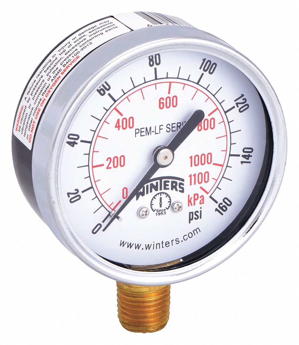 Lead-Free Pressure Gauge: 0 psi to 160 psi, 2 1/2 in Dial, 1/4 in NPT Male, Bottom, Steel, 5