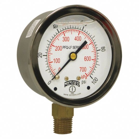 WINTERS Pressure Gauge, 0 to 100 psi Range, 1/4 in NPT, +/-1.50% Gauge ...