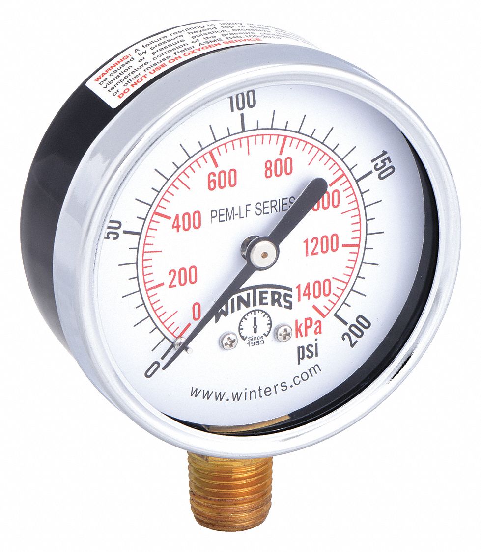 Lead-Free Pressure Gauge: 0 psi to 200 psi, 2 1/2 in Dial, 1/4 in NPT Male, Bottom, Steel, 5