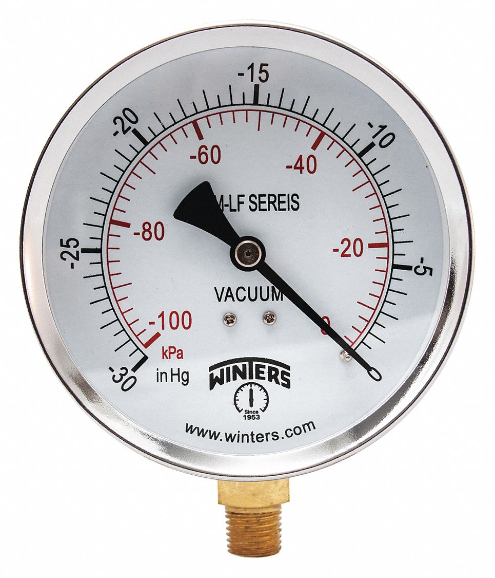 WINTERS Lead-Free Vacuum Gauge: 30 to 0 in Hg, 4 Dial, 1/4 in NPT Bottom, Accuracy - 20JN33|PEM220LF - Grainger