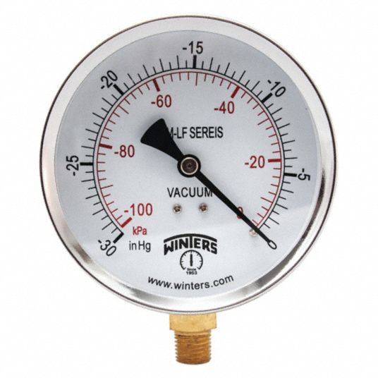 WINTERS Vacuum Gauge, 100 kPa Vac to 0, 30 in Hg Vac to 0 Range, 1/4 in NPT, +/323 Gauge