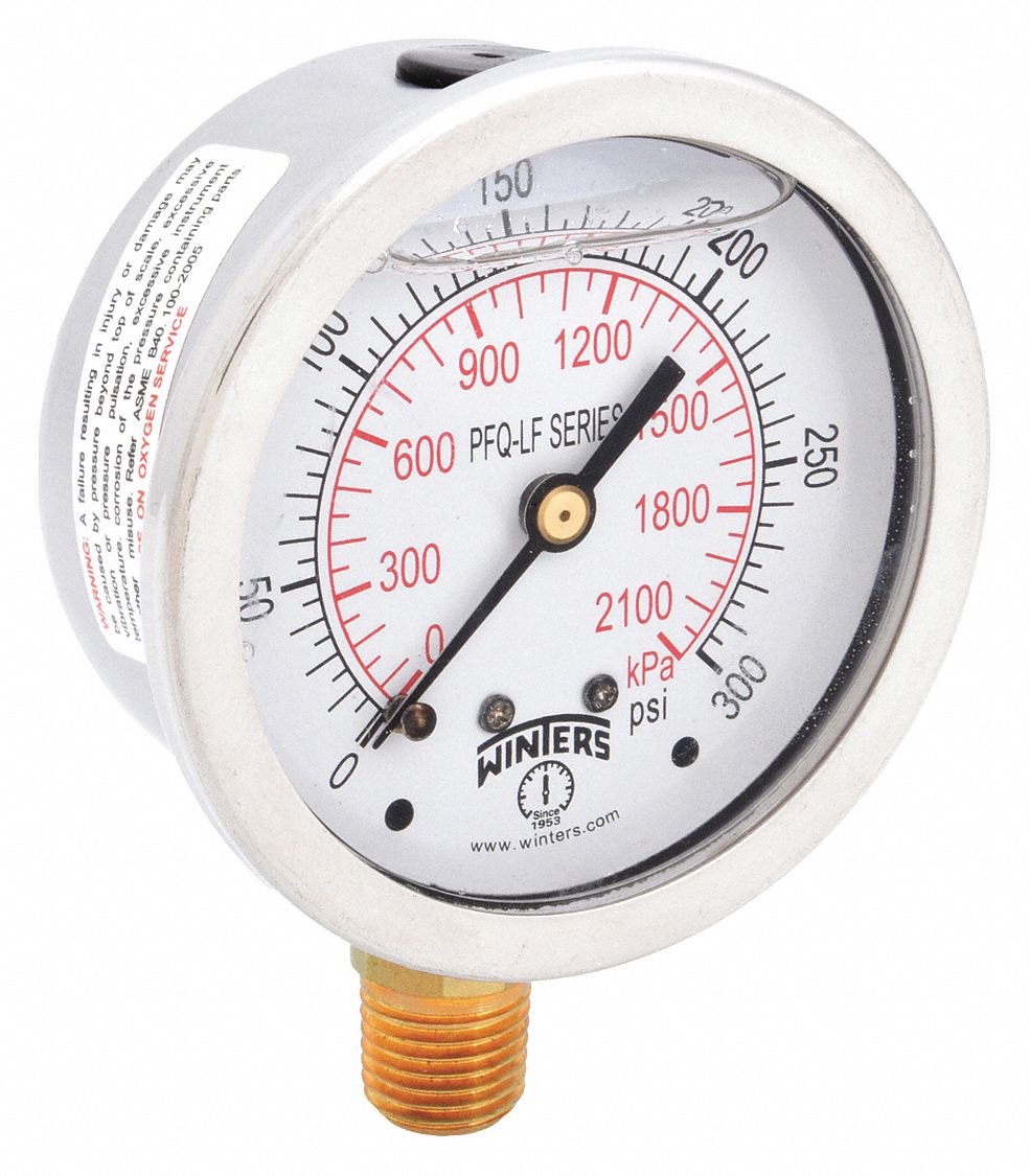 WINTERS Lead-Free Pressure Gauge: Liquid-Filled, 0 to 300 psi, 2 1/2 in  Dial, 1/4 in NPT Male