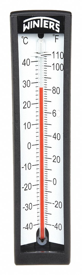 INDUSTRIAL GLASS THERMOMETER, +/-2% ACCURACY, 40 &deg; C/110 &deg; F MAXIMUM TEMPERATURE, -40 &deg; C MIN TEMP