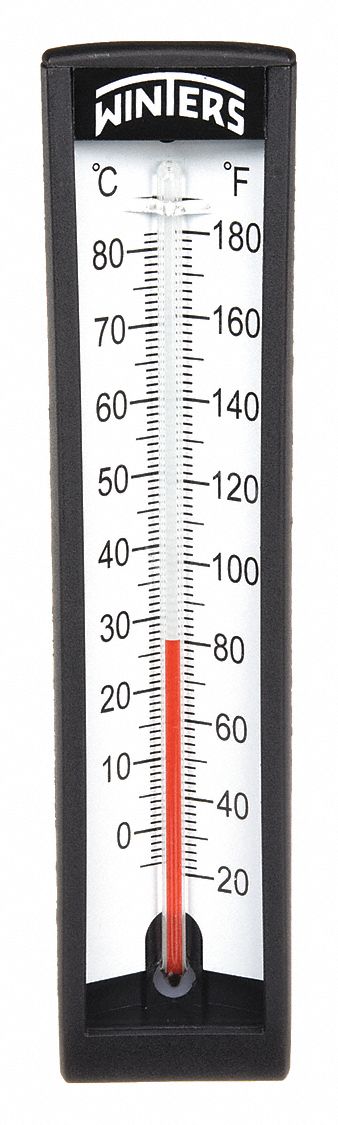 INDUSTRIAL GLASS THERMOMETER, +/-2% ACCURACY, 80 ° C MAXIMUM TEMPERATURE, 180 ° F MAXIMUM TEMPERATURE, -5 ° C MIN TEMP