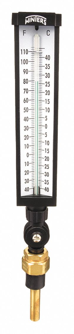 INDUSTRIAL GLASS THERMOMETER, +/-1% ACCURACY, 40 ° C/110 ° F MAXIMUM TEMPERATURE, -40 ° C MIN TEMP