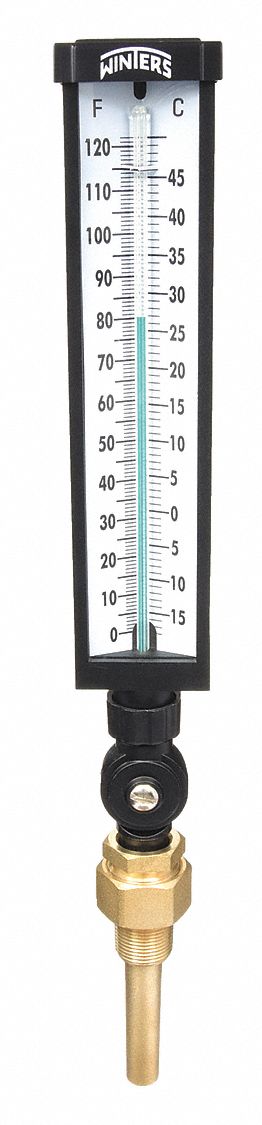 Industrial Glass Thermometer: 0°F to 120°F /-15°C to 50°C, +/-1% Accuracy, 3.5 in Stem Lg