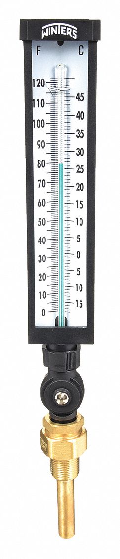 INDUSTRIAL GLASS THERMOMETER, +/-1% ACCURACY, 50 ° C/120 ° F MAXIMUM TEMPERATURE, -15 ° C MIN TEMP