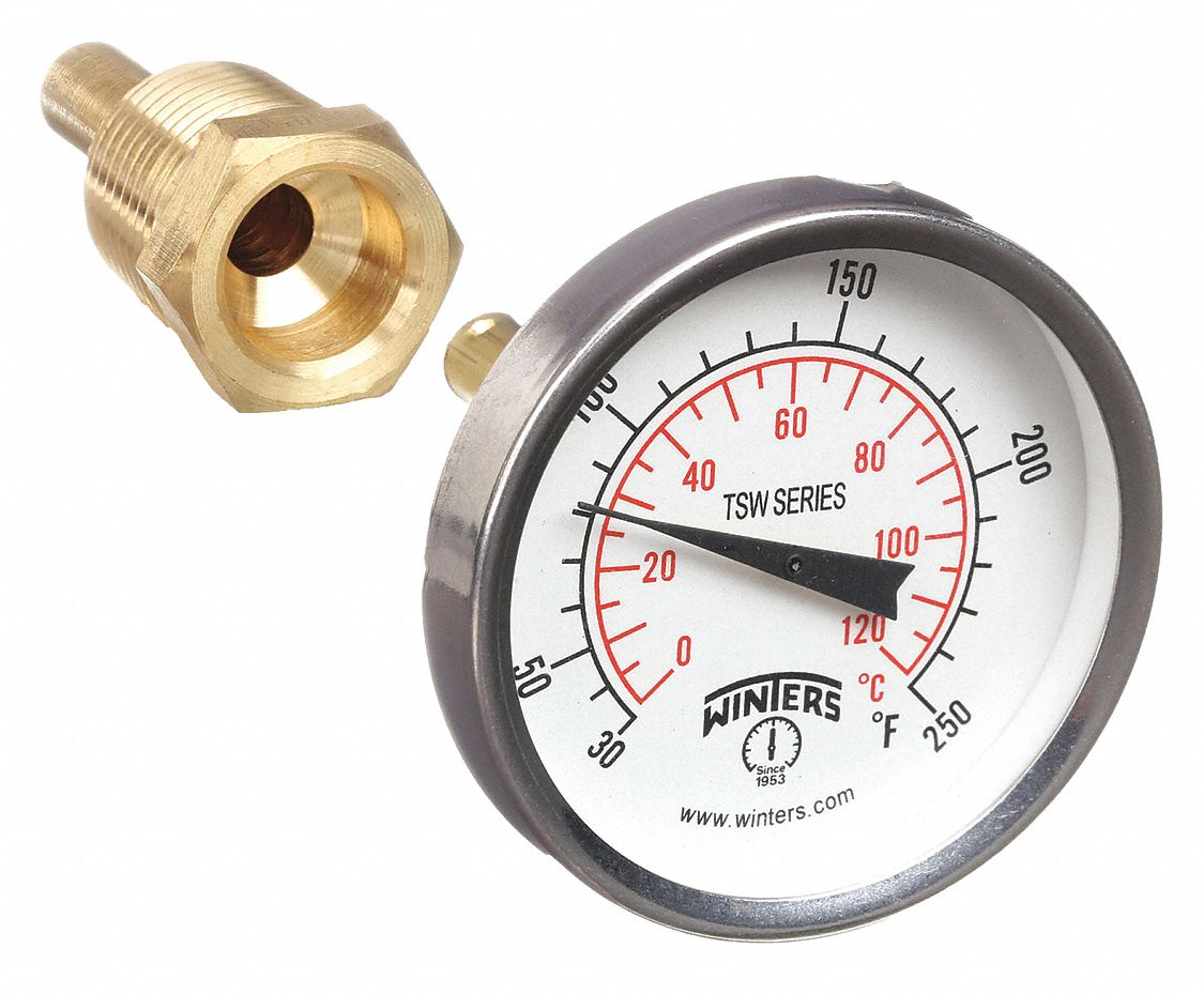 30° to 250°F/0° to 120°C, 1/2 in NPT Male Thermometer x 1/2 in NPT  Thermowell, Dial Thermometer - 20JN88