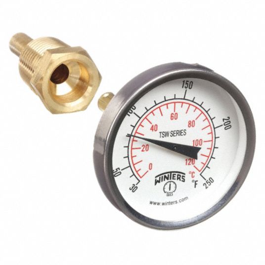 Winters TSW173LF Lead-Free Hot Water Thermometer, 8 Scale, 40 to 280°F (5  to 135°C), Angle