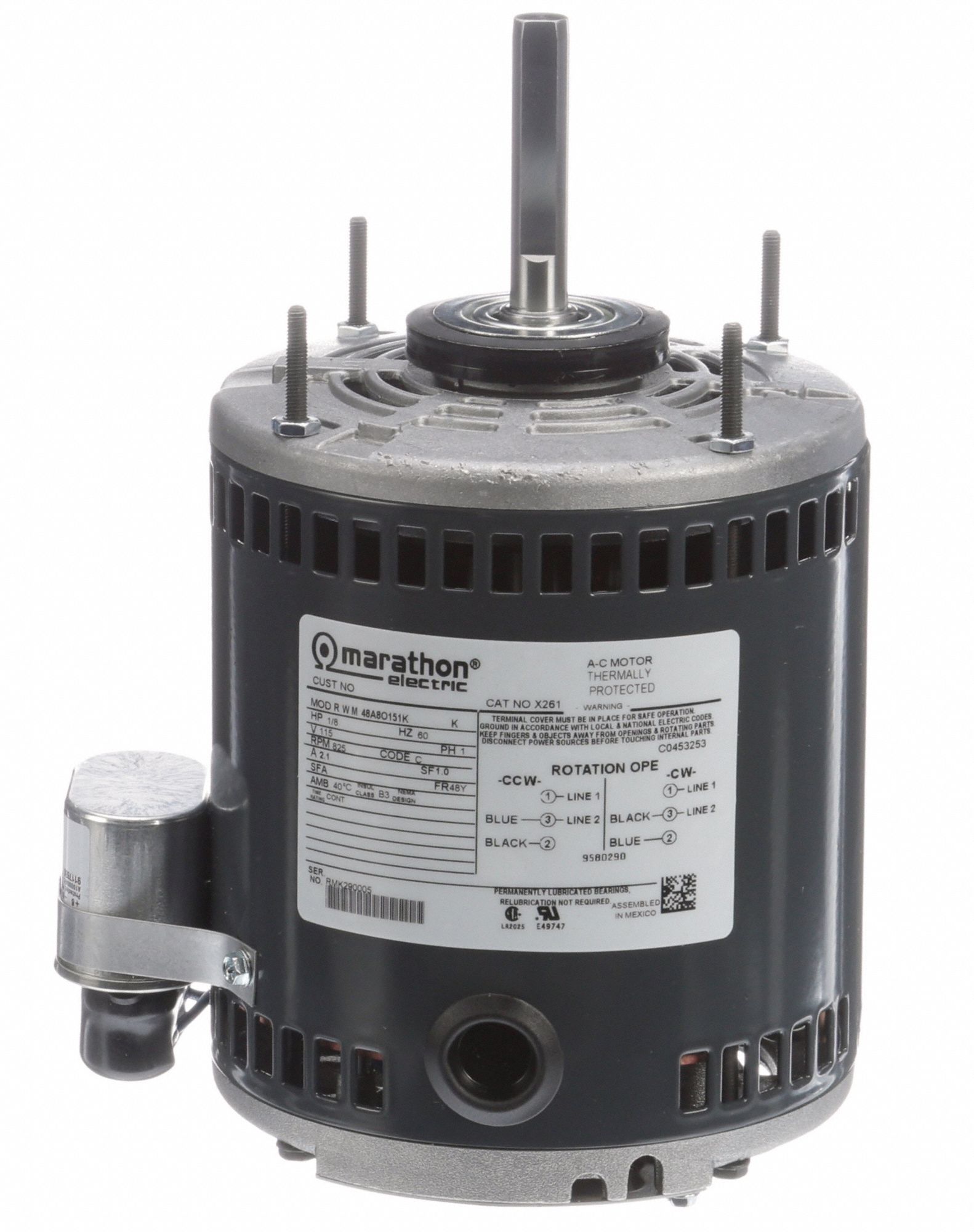 MARATHON MOTORS Direct Drive Motor 1/8 HP, 825 Nameplate RPM, 115V AC, 48Y Frame 20JP49