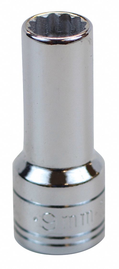 Socket: Metric, 3/8 in Drive Size, 9 mm Socket Size, 12-Point, Deep, Chrome