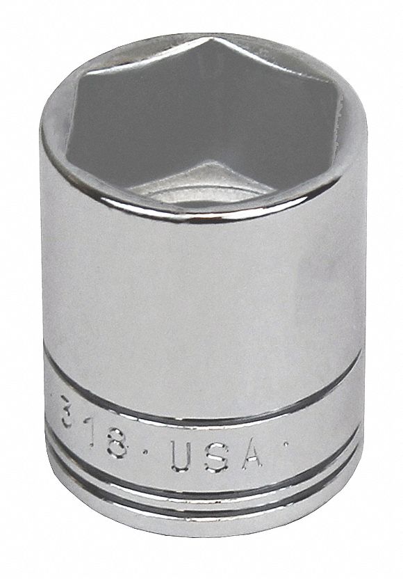 SOCKET,STANDARD,3/8 IN DR,6 PT,18MM