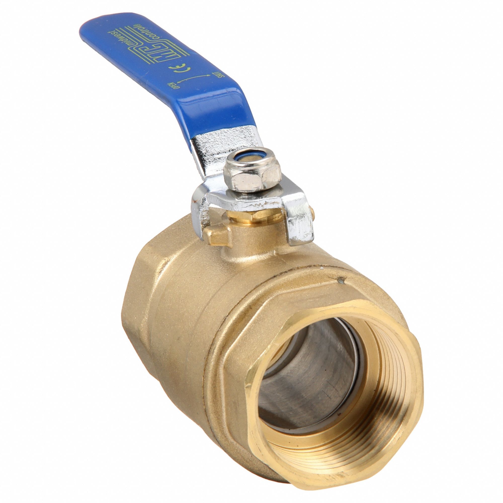 Manual Two-Way Ball Valve: 1 1/4 in, Brass, Straight, FNPT x FNPT, Two-Piece, Lever