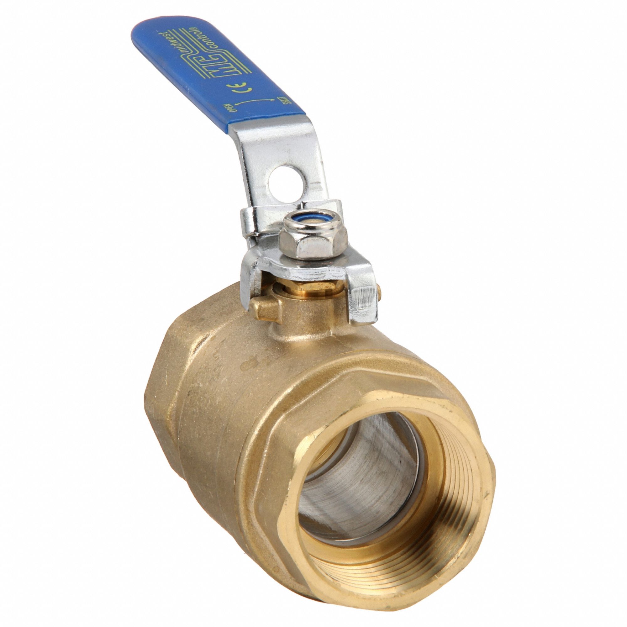 Manual Two-Way Ball Valve: 1 1/4 in, Brass, Straight, FNPT x FNPT, Two-Piece, Lever