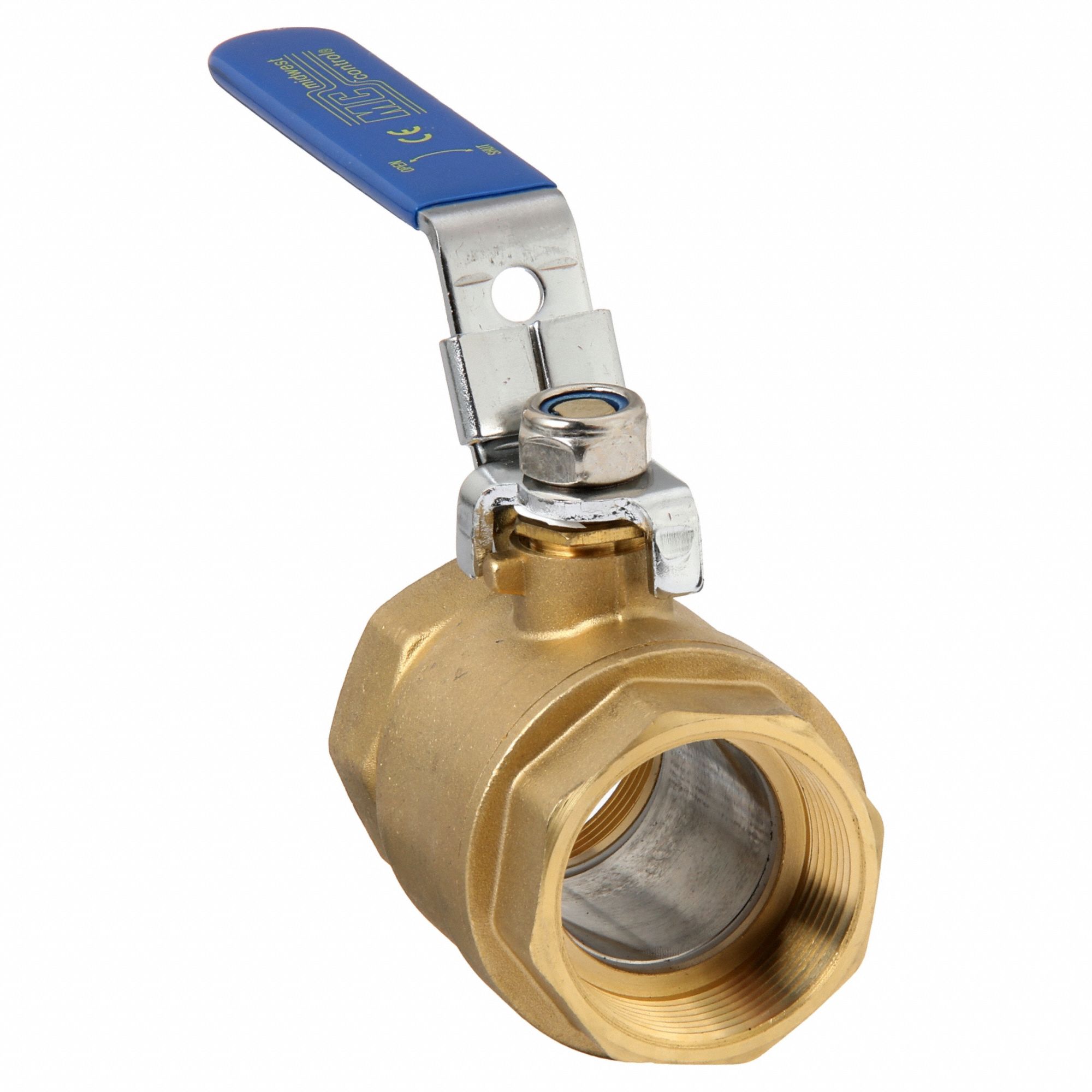 Manual Two-Way Ball Valve: 1 1/2 in, Brass, Straight, FNPT x FNPT, Two-Piece, Lever