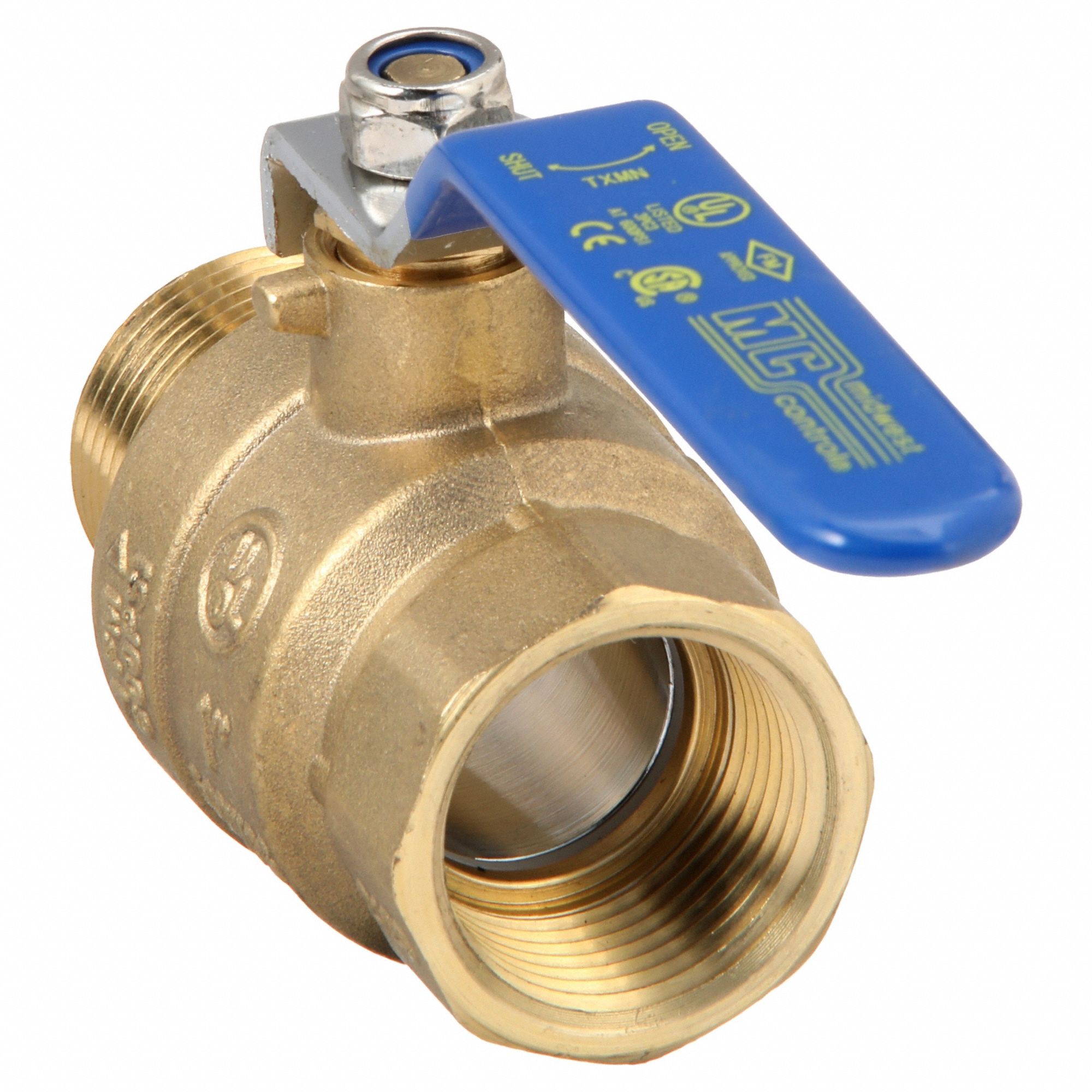 Manual Two-Way Ball Valve: 1 in, Brass, Straight, MNPT x FNPT, Full Port Ball Port