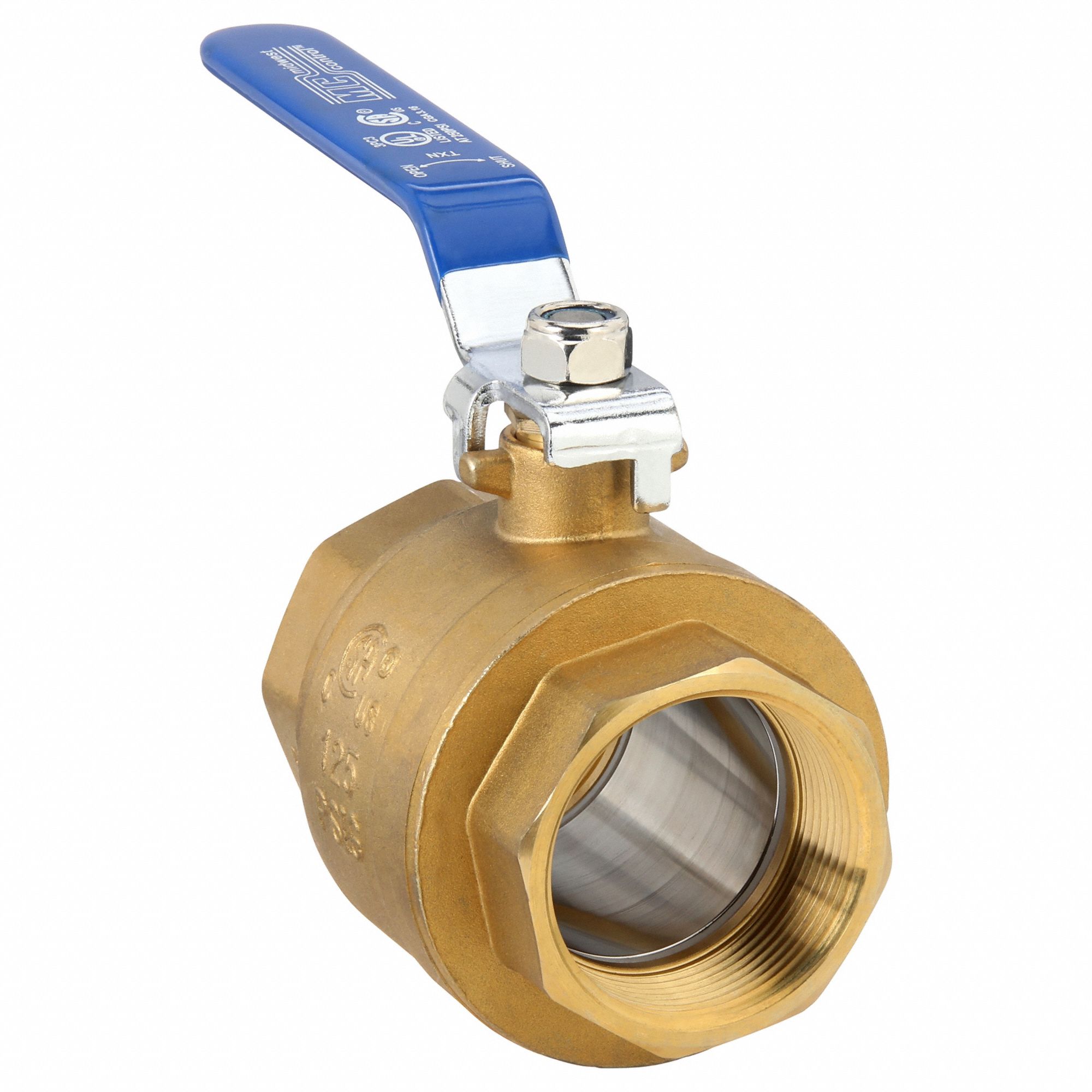 Manual Two-Way Ball Valve: 2 1/2 in, Brass, Straight, FNPT x FNPT, Two-Piece, Lever