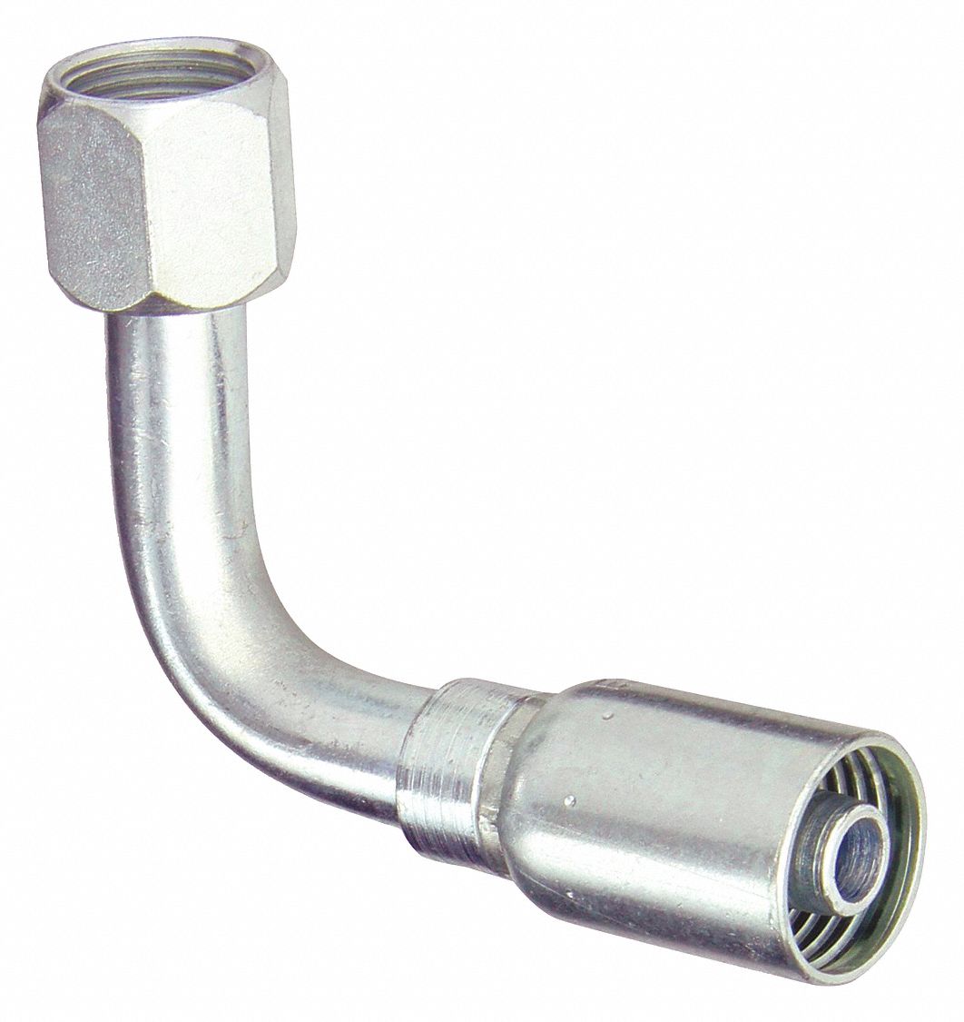 Hydraulic Crimp Fitting: Carbon Steel, 90° Long Elbow, -8 For Hose Dash Size, Female x Male