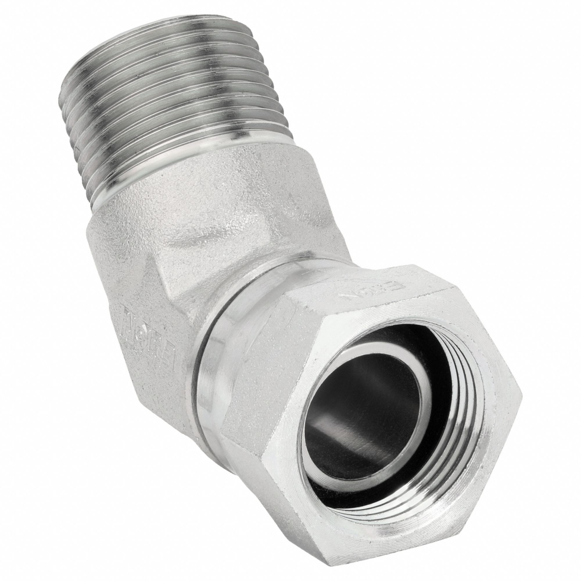 Hydraulic Hose Adapter: 1/4 in x 1/4 in Fitting Size, Female x Male, NPSM x NPTF, Swivel, 45° Elbow