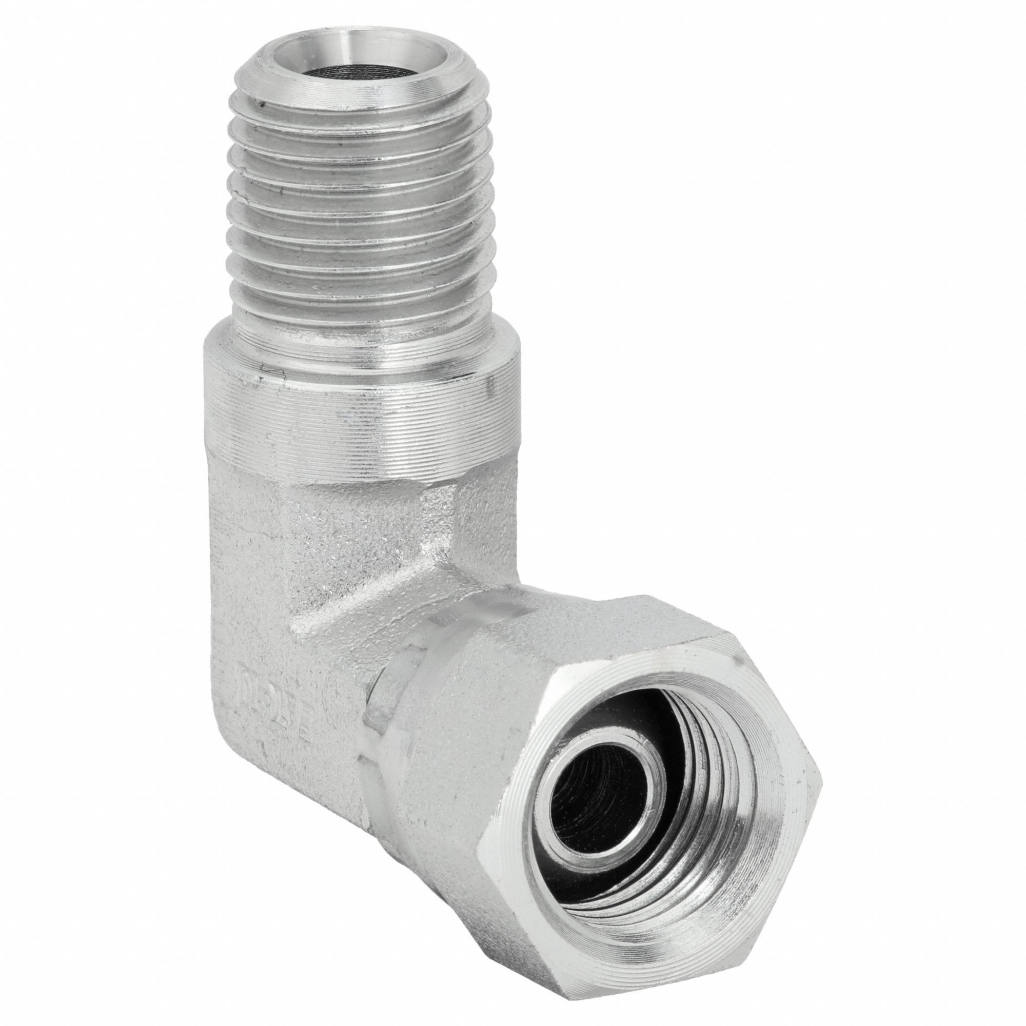 Hydraulic Hose Adapter: 1/2 in x 1/2 in Fitting Size, Female x Male, NPSM x NPTF, Swivel, 90° Elbow