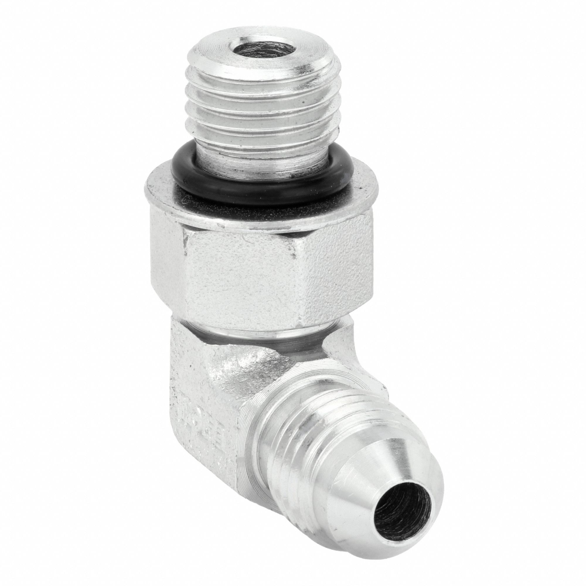 Hydraulic Hose Adapter: 1/4 in x 1/4 in Fitting Size, Male x Female, ORB x  JIC, Rigid, 90° Elbow