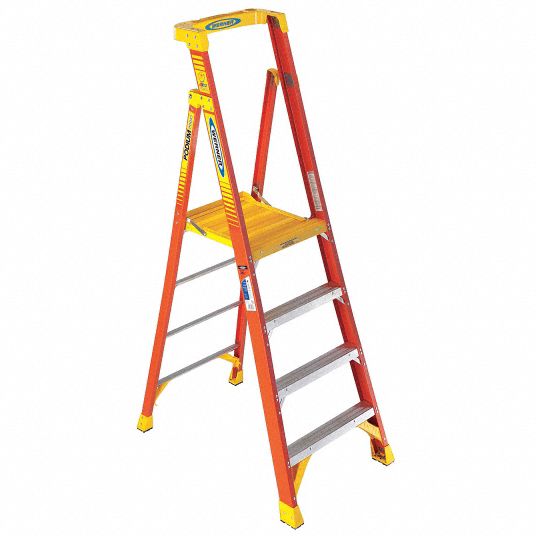 WERNER Podium Stepladder: 4 ft Ladder Ht, 4 ft Platform Ht, 300 lb, 43 1/2  in Base Spread