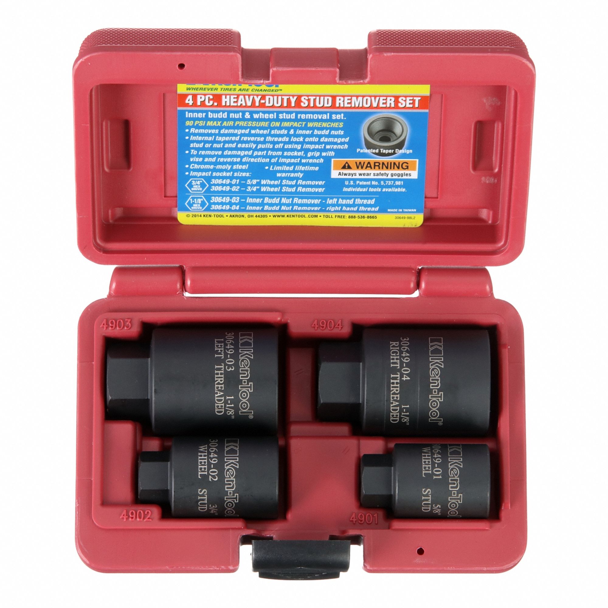 Ken-Tool 30649 Heavy Duty Wheel Stud & Inner Budd Nut Remover Set – 4 Pieces