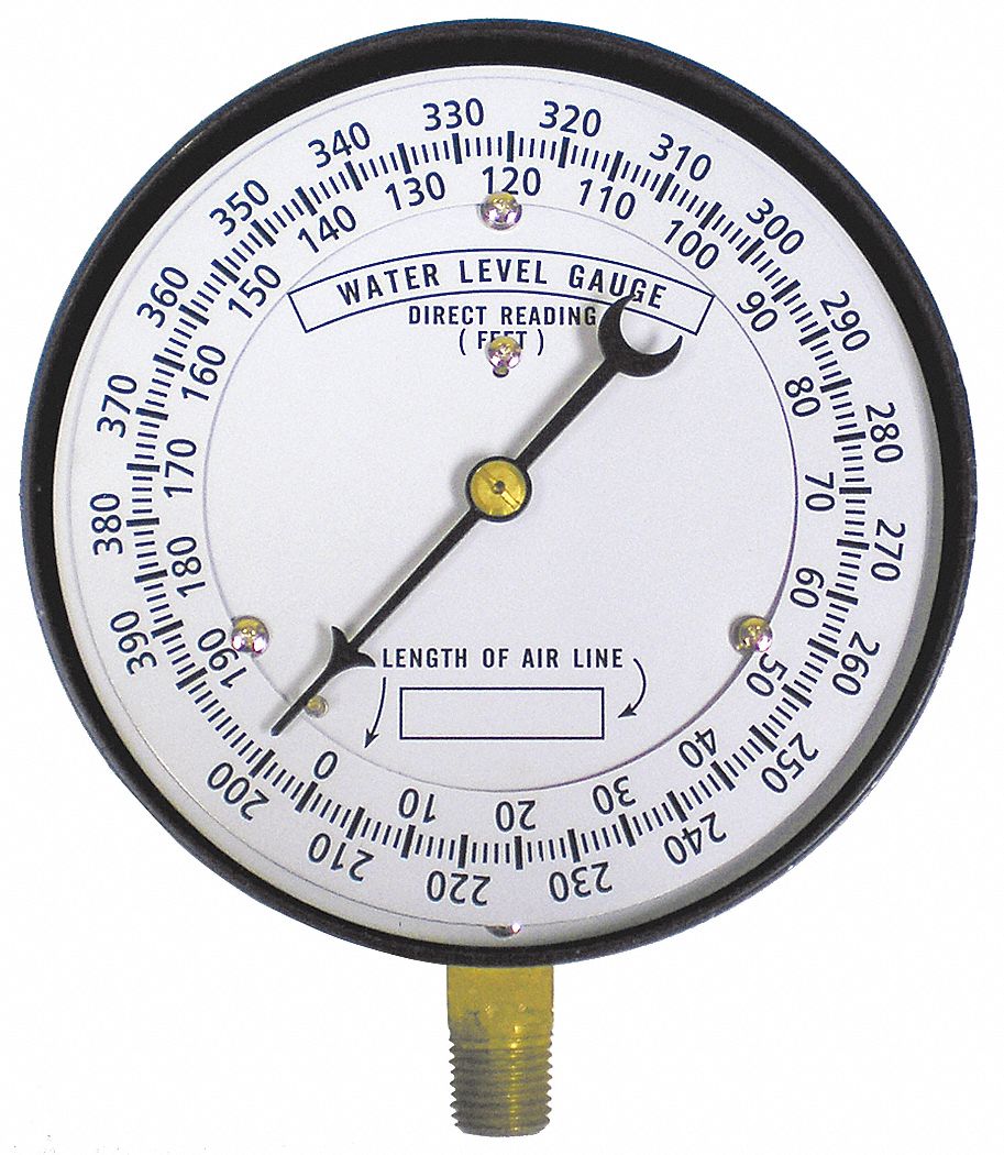 Well Water Level Gauge: 0 to 390 ft H2O, 4 1/2 in Dial, 1/4 in NPT Male, Bottom, ±2% Accuracy