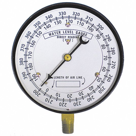 Well Water Level Gauge: 0 to 390 ft H2O, 4 1/2 in Dial, 1/4 in NPT Male, Bottom, ±2% Accuracy