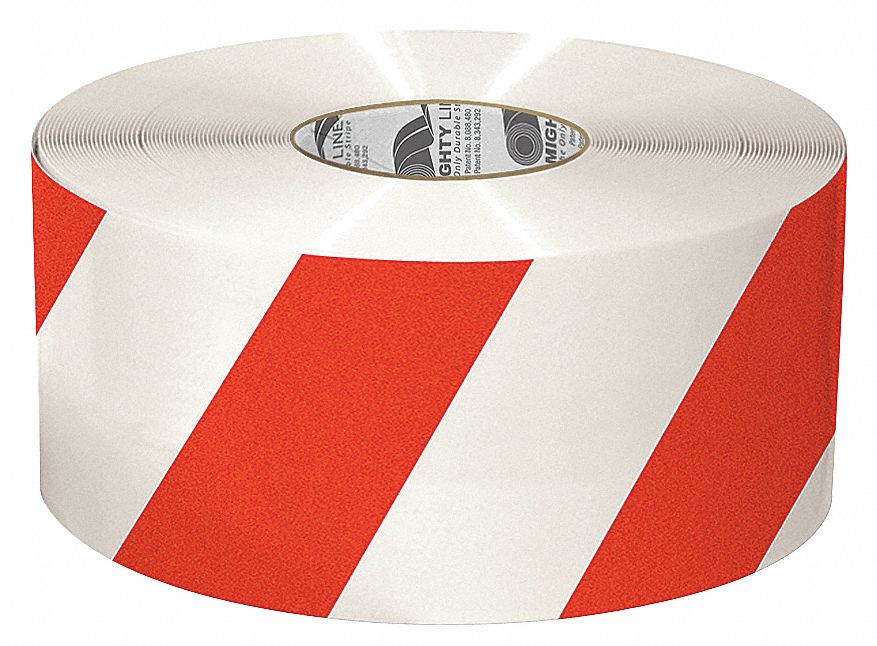 Floor Marking Tape: Extra-Durable, Striped, Red/White, 6 in x 100 ft, 50 mil Tape Thick