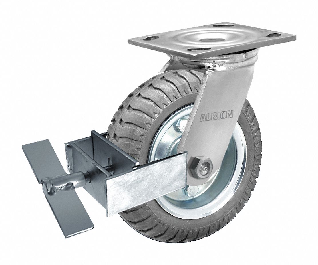 Plate Caster: Swivel, Face Brake, Polyurethane, 4 in Wheel Dia, 2 1/2 in Wheel Wd, Slot, Ball