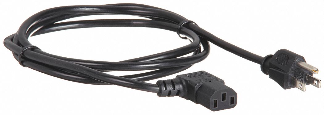 PC Power Cord: 6 ft Lg, NEMA 5-15P Plug, Port Right Angle IEC C13, SJT, 10 A Max. Amps
