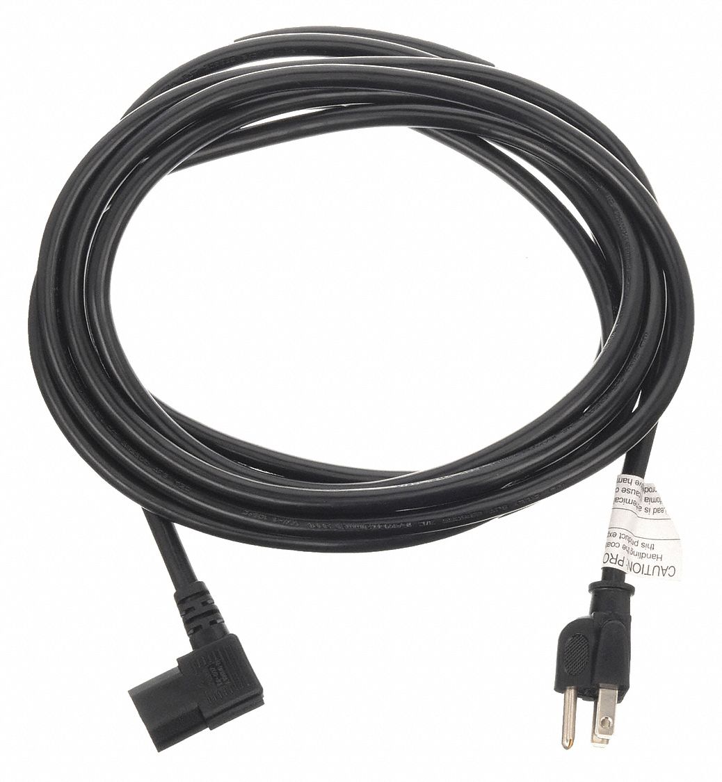 PC Power Cord: 15 ft Lg, NEMA 5-15P Plug, Port Right Angle IEC C13, SJT, 125V AC