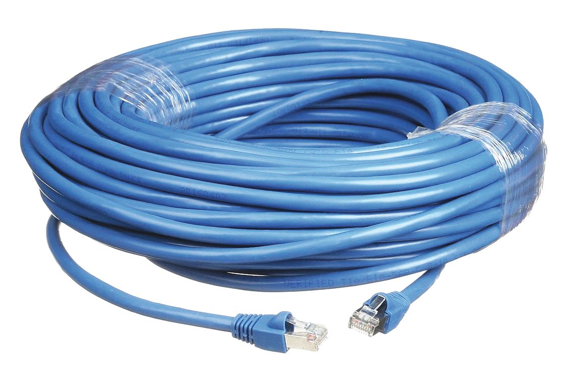Voice and Data Patch Cord: Shielded, Cat 6A, 100 ft Overall Lg, PVC, Round, 26 AWG, Blue