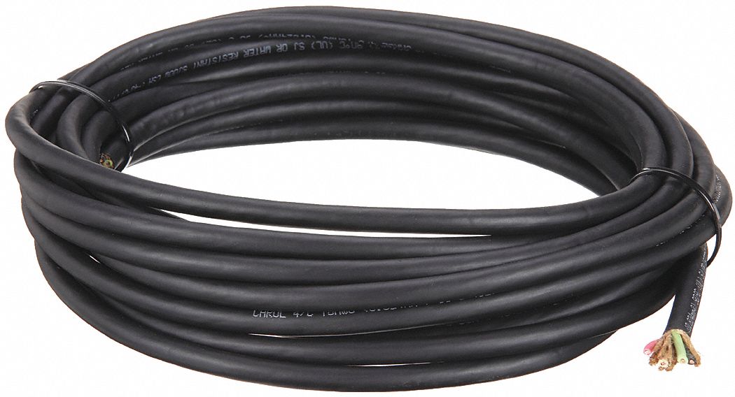 Portable Cord: SJOOW, 300 V, 4 Conductors, 18 AWG, Black Jacket, 25 ft Overall Lg