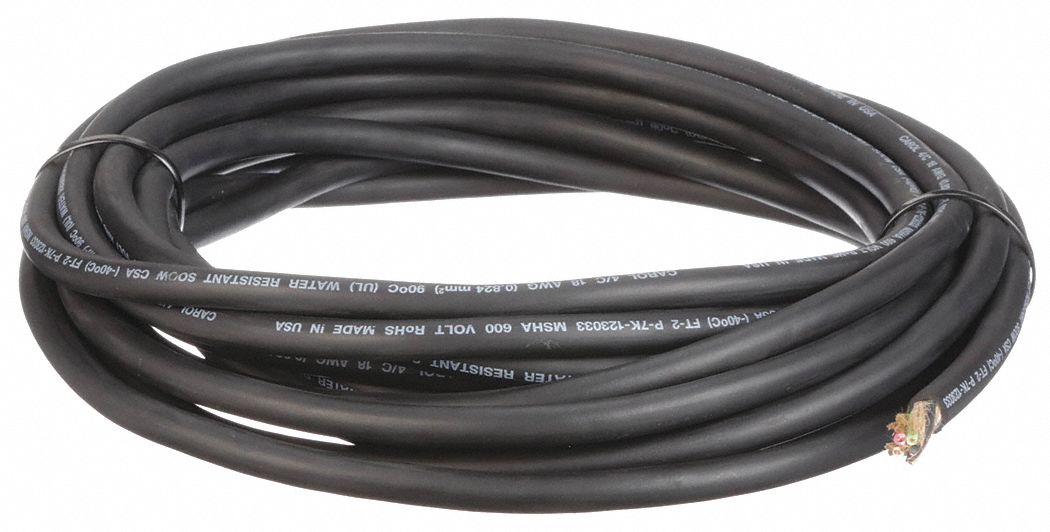 Portable Cord: SOOW, 600 V, 4 Conductors, 18 AWG, Black Jacket, 25 ft Overall Lg