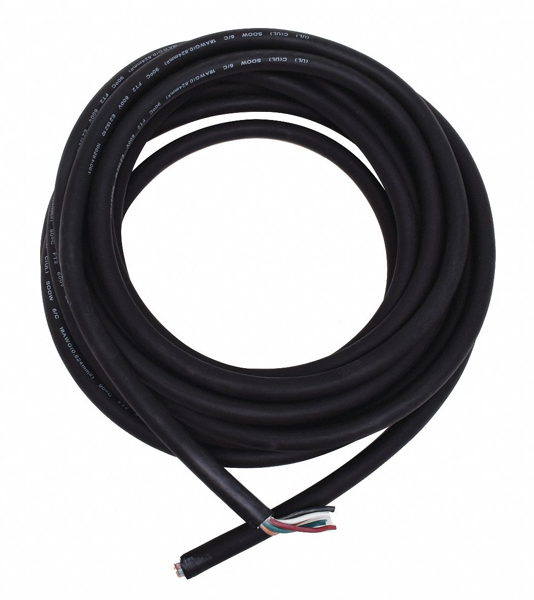 Portable Cord: SOOW, 600 V, 6 Conductors, 18 AWG, Black Jacket, 25 ft Overall Lg