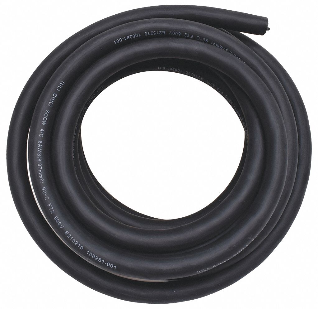 Portable Cord: SOOW, 600 V, 3 Conductors, 8 AWG, Black Jacket, 25 ft Overall Lg